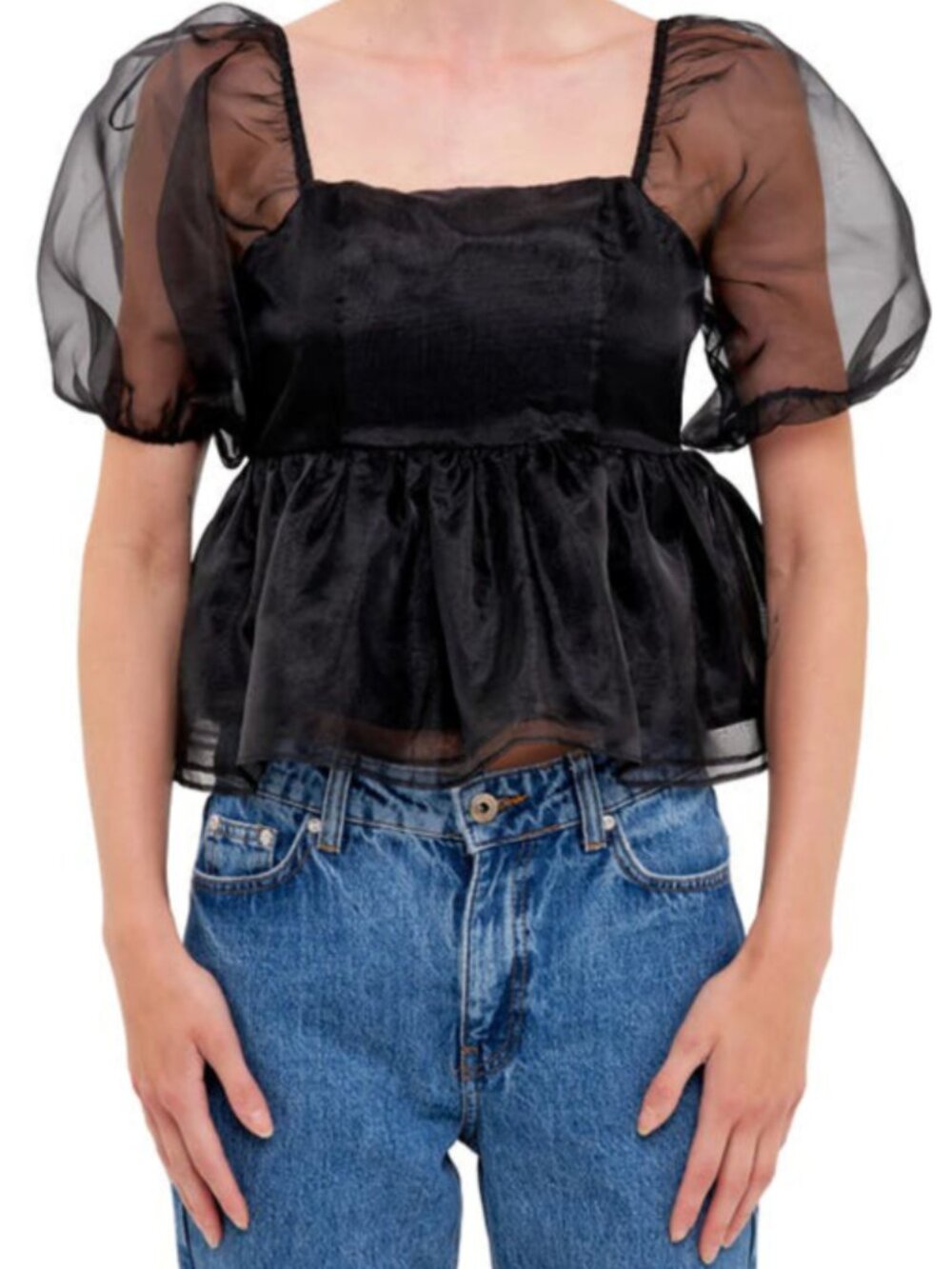 English Factory Organza Peplum Top In Black Puff Sleeve Size XS NWT